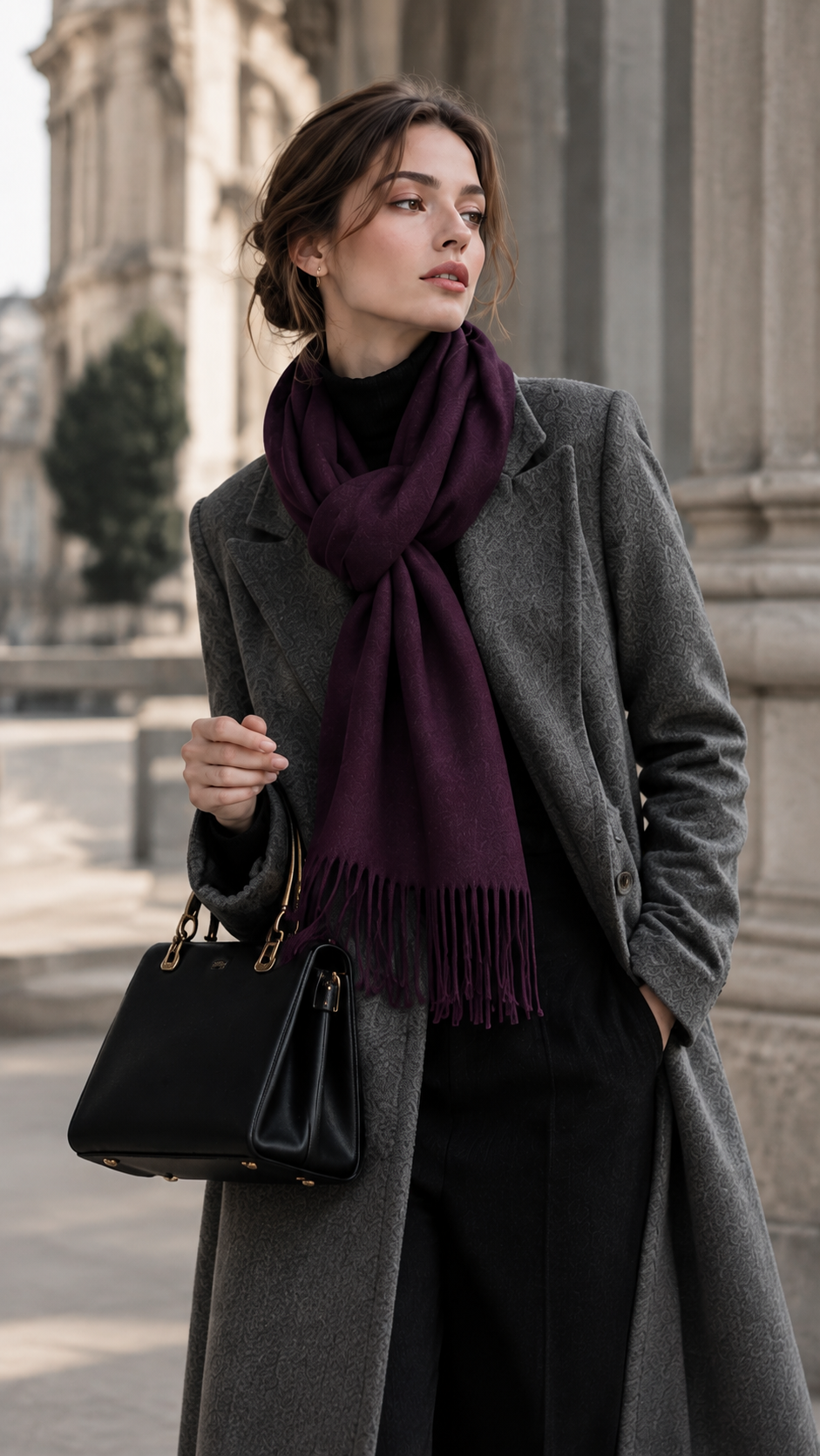Model wearing a C02 cashmere stole with a soft front knot